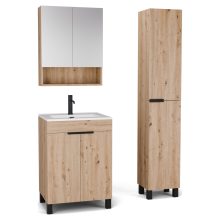 HD Paris Oak 60 komplett fürdőszoba bútor szett álló mosdószekrénnyel, matt fekete elemekkel, fényes fehér slim mosdóval, tükrös szekrénnyel és magasszekrénnyel