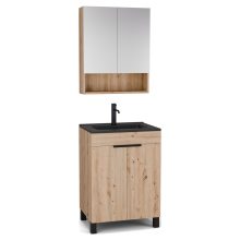 HD Paris Oak 60 komplett fürdőszoba bútor álló mosdószekrénnyel, matt fekete elemekkel, matt fekete slim mosdóval és tükrös szekrénnyel