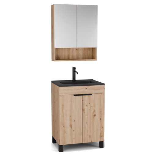 HD Paris Oak 60 komplett fürdőszoba bútor álló mosdószekrénnyel, matt fekete elemekkel, matt fekete slim mosdóval és tükrös szekrénnyel