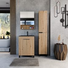 HD Paris Oak 60 komplett fürdőszoba bútor álló mosdószekrénnyel, matt fekete elemekkel, matt fekete slim mosdóval és tükrös szekrénnyel