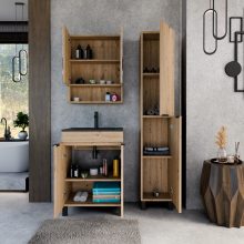 HD Paris Oak 60 komplett fürdőszoba bútor álló mosdószekrénnyel, matt fekete elemekkel, matt fekete slim mosdóval és tükrös szekrénnyel