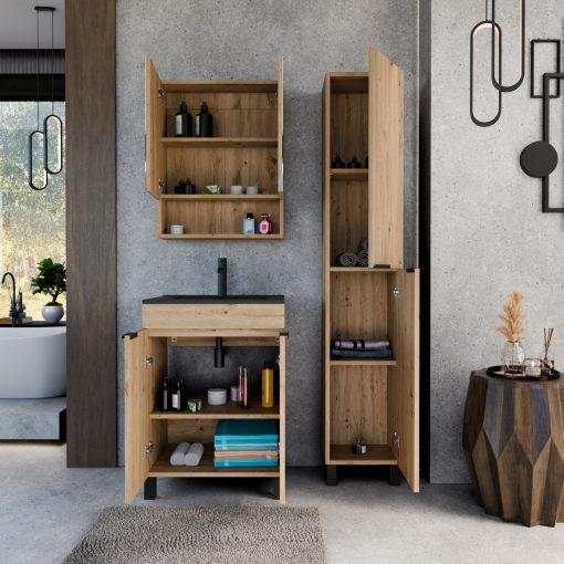 HD Paris Oak 60 komplett fürdőszoba bútor álló mosdószekrénnyel, matt fekete elemekkel, matt fekete slim mosdóval és tükrös szekrénnyel