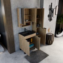 HD Paris Oak 60 komplett fürdőszoba bútor álló mosdószekrénnyel, matt fekete elemekkel, matt fekete slim mosdóval és tükrös szekrénnyel