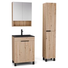 HD Paris Oak 60 komplett fürdőszoba bútor szett álló mosdószekrénnyel, matt fekete elemekkel, matt fekete slim mosdóval, tükrös szekrénnyel és magasszekrénnyel