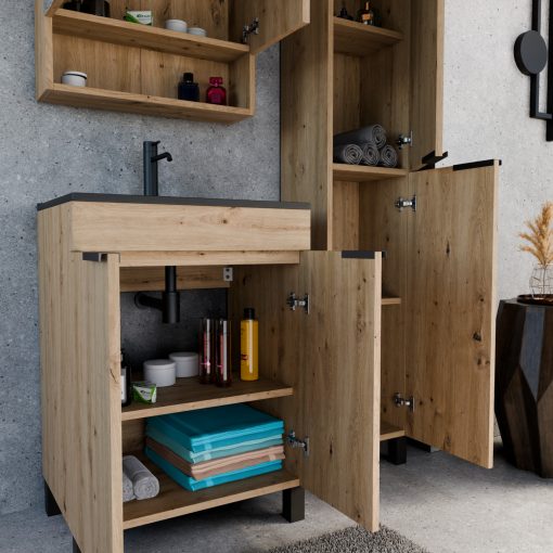 HD Paris Oak 60 komplett fürdőszoba bútor szett álló mosdószekrénnyel, matt fekete elemekkel, matt fekete slim mosdóval, tükrös szekrénnyel és magasszekrénnyel