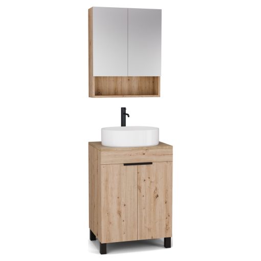 HD Paris Oak 60 komplett fürdőszoba bútor álló mosdószekrénnyel, matt fekete elemekkel, tölgyfa színű mosdópulttal és tükrös szekrénnyel