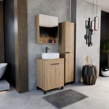 HD Paris Oak 60 komplett fürdőszoba bútor álló mosdószekrénnyel, matt fekete elemekkel, tölgyfa színű mosdópulttal és tükrös szekrénnyel