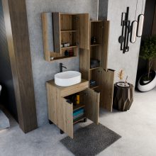 HD Paris Oak 60 komplett fürdőszoba bútor álló mosdószekrénnyel, matt fekete elemekkel, tölgyfa színű mosdópulttal és tükrös szekrénnyel