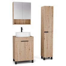 HD Paris Oak 60 komplett fürdőszoba bútor szett álló mosdószekrénnyel, matt fekete elemekkel, tölgyfa színű mosdópulttal, tükrös szekrénnyel és magasszekrénnyel