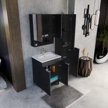 HD Paris Matt Black 60 komplett fürdőszoba bútor álló mosdószekrénnyel, fényes króm elemekkel, fényes fehér slim mosdóval és tükrös szekrénnyel