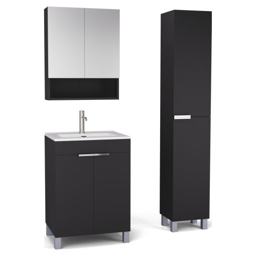 HD Paris Matt Black 60 komplett fürdőszoba bútor szett álló mosdószekrénnyel, fényes króm elemekkel, fényes fehér slim mosdóval, tükrös szekrénnyel és magasszekrénnyel