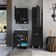 HD Paris Matt Black 60 komplett fürdőszoba bútor szett álló mosdószekrénnyel, fényes króm elemekkel, fényes fehér slim mosdóval, tükrös szekrénnyel és magasszekrénnyel