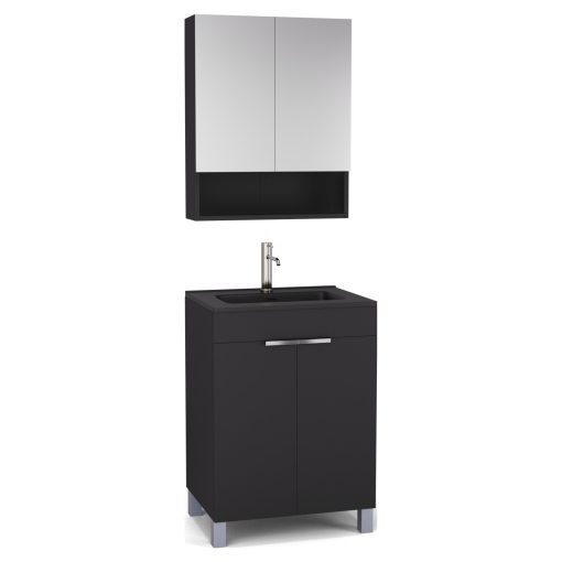 HD Paris Matt Black 60 komplett fürdőszoba bútor álló mosdószekrénnyel, fényes króm elemekkel, matt fekete slim mosdóval és tükrös szekrénnyel