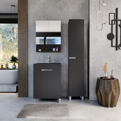 HD Paris Matt Black 60 komplett fürdőszoba bútor álló mosdószekrénnyel, fényes króm elemekkel, matt fekete slim mosdóval és tükrös szekrénnyel