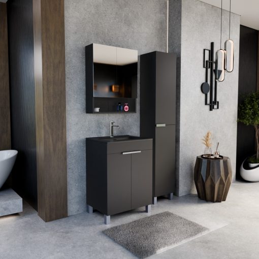 HD Paris Matt Black 60 komplett fürdőszoba bútor álló mosdószekrénnyel, fényes króm elemekkel, matt fekete slim mosdóval és tükrös szekrénnyel