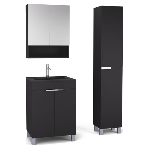 HD Paris Matt Black 60 komplett fürdőszoba bútor szett álló mosdószekrénnyel, fényes króm elemekkel, matt fekete slim mosdóval, tükrös szekrénnyel és magasszekrénnyel