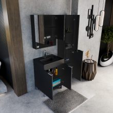 HD Paris Matt Black 60 komplett fürdőszoba bútor szett álló mosdószekrénnyel, fényes króm elemekkel, matt fekete slim mosdóval, tükrös szekrénnyel és magasszekrénnyel