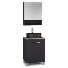 HD Paris Matt Black 60 komplett fürdőszoba bútor álló mosdószekrénnyel, fényes króm elemekkel, tölgyfa színű mosdópulttal és tükrös szekrénnyel