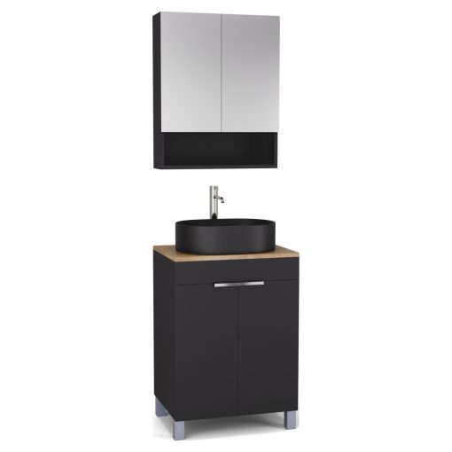 HD Paris Matt Black 60 komplett fürdőszoba bútor álló mosdószekrénnyel, fényes króm elemekkel, tölgyfa színű mosdópulttal és tükrös szekrénnyel