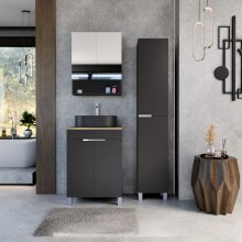 HD Paris Matt Black 60 komplett fürdőszoba bútor álló mosdószekrénnyel, fényes króm elemekkel, tölgyfa színű mosdópulttal és tükrös szekrénnyel