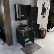 HD Paris Matt Black 60 komplett fürdőszoba bútor álló mosdószekrénnyel, fényes króm elemekkel, tölgyfa színű mosdópulttal és tükrös szekrénnyel