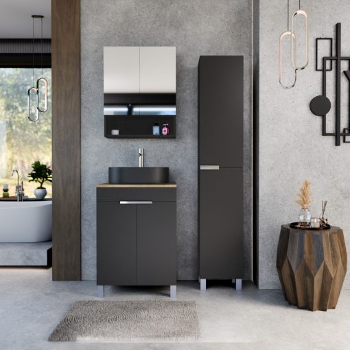 HD Paris Matt Black 60 komplett fürdőszoba bútor szett álló mosdószekrénnyel, fényes króm elemekkel, tölgyfa színű mosdópulttal, tükrös szekrénnyel és magasszekrénnyel