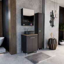 HD Paris Matt Black 60 komplett fürdőszoba bútor szett álló mosdószekrénnyel, fényes króm elemekkel, tölgyfa színű mosdópulttal, tükrös szekrénnyel és magasszekrénnyel