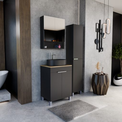 HD Paris Matt Black 60 komplett fürdőszoba bútor szett álló mosdószekrénnyel, fényes króm elemekkel, tölgyfa színű mosdópulttal, tükrös szekrénnyel és magasszekrénnyel