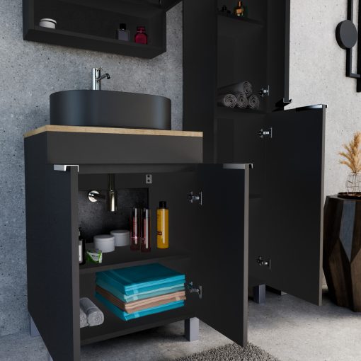 HD Paris Matt Black 60 komplett fürdőszoba bútor szett álló mosdószekrénnyel, fényes króm elemekkel, tölgyfa színű mosdópulttal, tükrös szekrénnyel és magasszekrénnyel