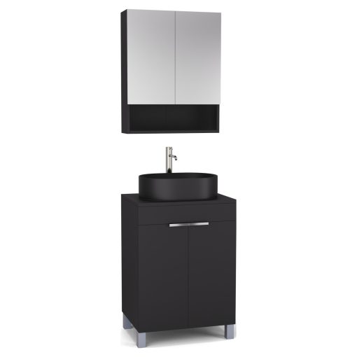 HD Paris Matt Black 60 komplett fürdőszoba bútor álló mosdószekrénnyel, fényes króm elemekkel, fekete mosdópulttal és tükrös szekrénnyel