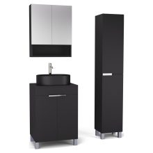 HD Paris Matt Black 60 komplett fürdőszoba bútor szett álló mosdószekrénnyel, fényes króm elemekkel, fekete mosdópulttal, tükrös szekrénnyel és magasszekrénnyel