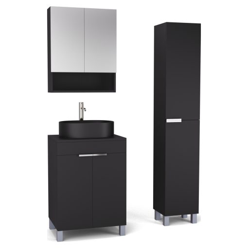 HD Paris Matt Black 60 komplett fürdőszoba bútor szett álló mosdószekrénnyel, fényes króm elemekkel, fekete mosdópulttal, tükrös szekrénnyel és magasszekrénnyel