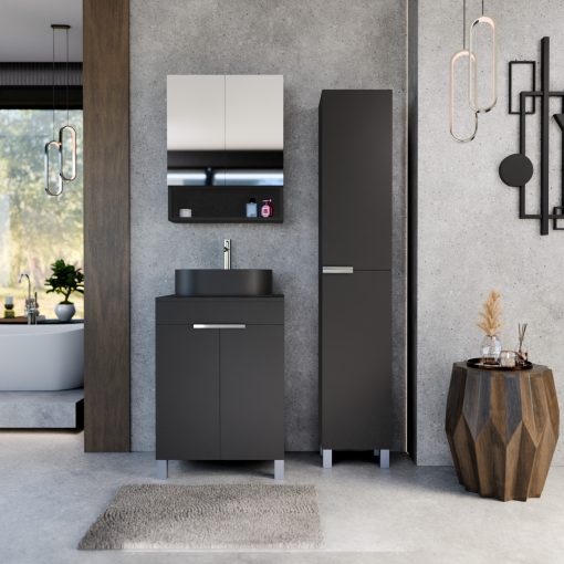 HD Paris Matt Black 60 komplett fürdőszoba bútor szett álló mosdószekrénnyel, fényes króm elemekkel, fekete mosdópulttal, tükrös szekrénnyel és magasszekrénnyel