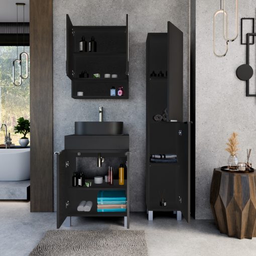 HD Paris Matt Black 60 komplett fürdőszoba bútor szett álló mosdószekrénnyel, fényes króm elemekkel, fekete mosdópulttal, tükrös szekrénnyel és magasszekrénnyel