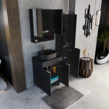 HD Paris Matt Black 60 komplett fürdőszoba bútor szett álló mosdószekrénnyel, fényes króm elemekkel, fekete mosdópulttal, tükrös szekrénnyel és magasszekrénnyel