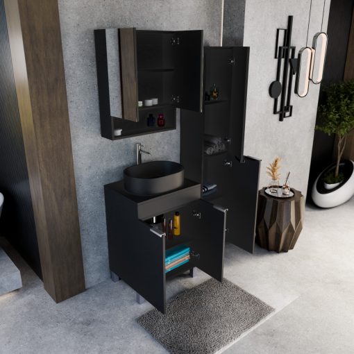 HD Paris Matt Black 60 komplett fürdőszoba bútor szett álló mosdószekrénnyel, fényes króm elemekkel, fekete mosdópulttal, tükrös szekrénnyel és magasszekrénnyel