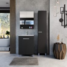 HD Paris Matt Black 60 komplett fürdőszoba bútor álló mosdószekrénnyel, szálcsiszolt króm elemekkel, fényes fehér slim mosdóval és tükrös szekrénnyel