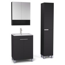 HD Paris Matt Black 60 komplett fürdőszoba bútor szett álló mosdószekrénnyel, szálcsiszolt króm elemekkel, fényes fehér slim mosdóval, tükrös szekrénnyel és magasszekrénnyel