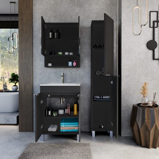 HD Paris Matt Black 60 komplett fürdőszoba bútor szett álló mosdószekrénnyel, szálcsiszolt króm elemekkel, fényes fehér slim mosdóval, tükrös szekrénnyel és magasszekrénnyel