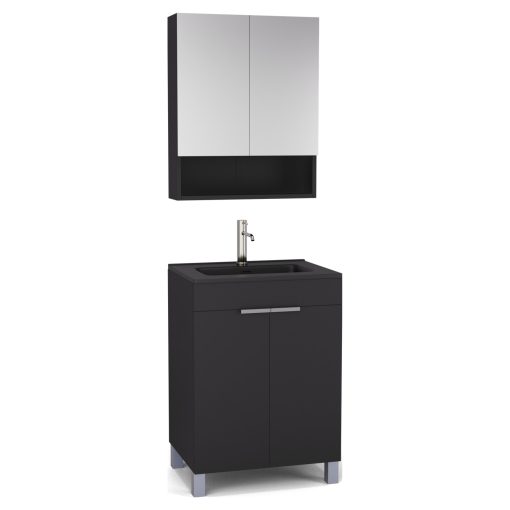 HD Paris Matt Black 60 komplett fürdőszoba bútor álló mosdószekrénnyel, szálcsiszolt króm elemekkel, matt fekete slim mosdóval és tükrös szekrénnyel