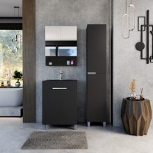 HD Paris Matt Black 60 komplett fürdőszoba bútor álló mosdószekrénnyel, szálcsiszolt króm elemekkel, matt fekete slim mosdóval és tükrös szekrénnyel