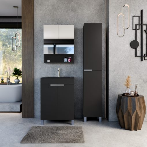 HD Paris Matt Black 60 komplett fürdőszoba bútor álló mosdószekrénnyel, szálcsiszolt króm elemekkel, matt fekete slim mosdóval és tükrös szekrénnyel