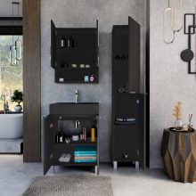 HD Paris Matt Black 60 komplett fürdőszoba bútor álló mosdószekrénnyel, szálcsiszolt króm elemekkel, matt fekete slim mosdóval és tükrös szekrénnyel