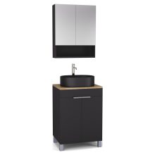 HD Paris Matt Black 60 komplett fürdőszoba bútor álló mosdószekrénnyel, szálcsiszolt króm elemekkel, tölgyfa színű mosdópulttal és tükrös szekrénnyel