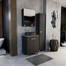 HD Paris Matt Black 60 komplett fürdőszoba bútor álló mosdószekrénnyel, szálcsiszolt króm elemekkel, tölgyfa színű mosdópulttal és tükrös szekrénnyel