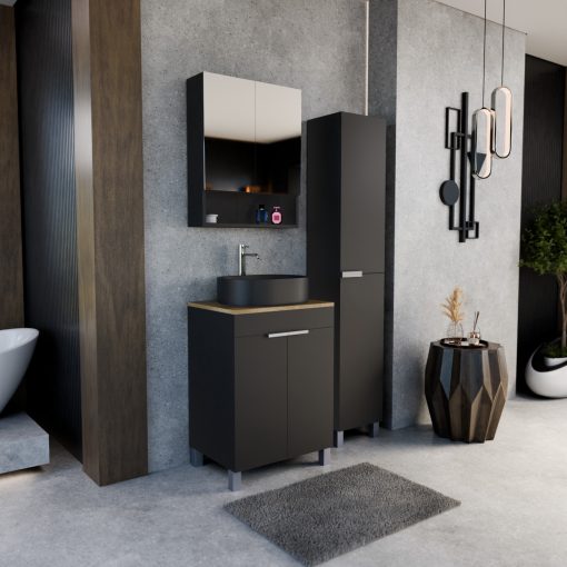 HD Paris Matt Black 60 komplett fürdőszoba bútor szett álló mosdószekrénnyel, szálcsiszolt króm elemekkel, tölgyfa színű mosdópulttal, tükrös szekrénnyel és magasszekrénnyel