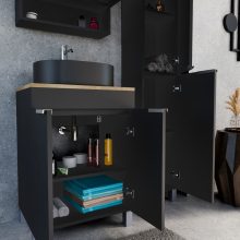 HD Paris Matt Black 60 komplett fürdőszoba bútor szett álló mosdószekrénnyel, szálcsiszolt króm elemekkel, tölgyfa színű mosdópulttal, tükrös szekrénnyel és magasszekrénnyel