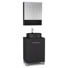   HD Paris Matt Black 60 komplett fürdőszoba bútor álló mosdószekrénnyel, szálcsiszolt króm elemekkel, fekete mosdópulttal és tükrös szekrénnyel