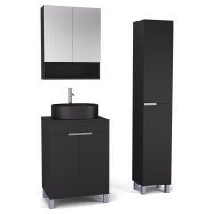   HD Paris Matt Black 60 komplett fürdőszoba bútor szett álló mosdószekrénnyel, szálcsiszolt króm elemekkel, fekete mosdópulttal, tükrös szekrénnyel és magasszekrénnyel