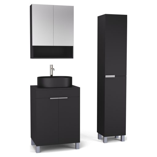 HD Paris Matt Black 60 komplett fürdőszoba bútor szett álló mosdószekrénnyel, szálcsiszolt króm elemekkel, fekete mosdópulttal, tükrös szekrénnyel és magasszekrénnyel